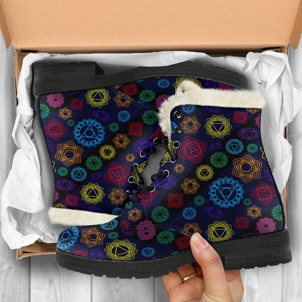 Chakra Colorful Print Pattern Faux Fur Leather Boots-JTAMIGO.COM