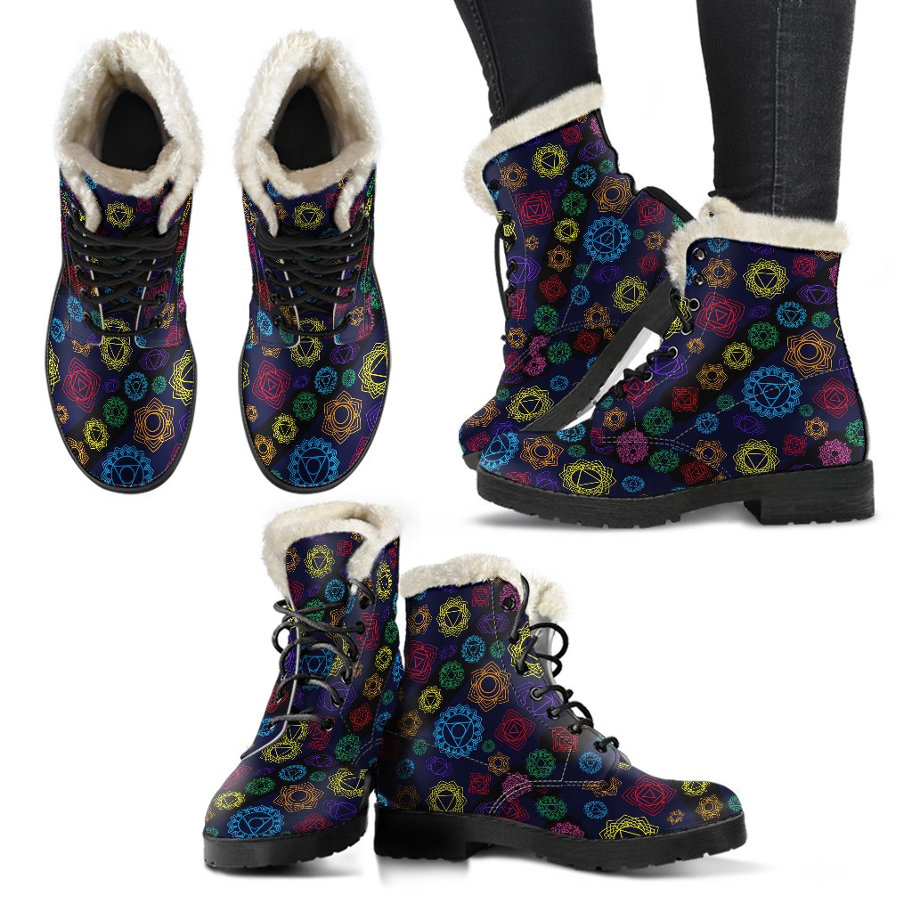 Chakra Colorful Print Pattern Faux Fur Leather Boots-JTAMIGO.COM