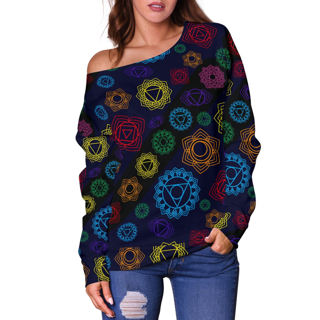Chakra Colorful Print Pattern Off Shoulder Sweatshirt