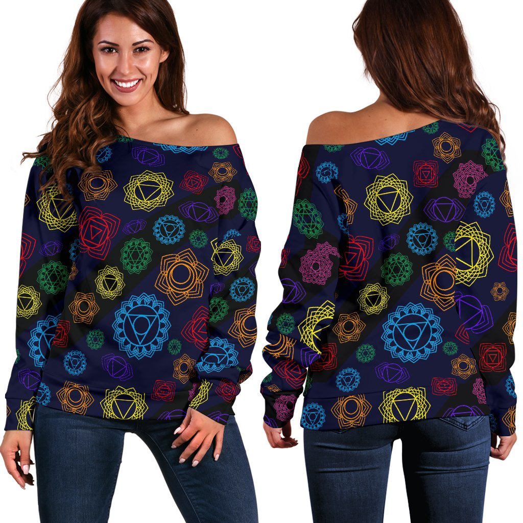 Chakra Colorful Print Pattern Off Shoulder Sweatshirt