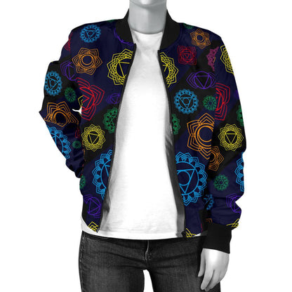 Chakra Colorful Print Pattern Women Casual Bomber Jacket