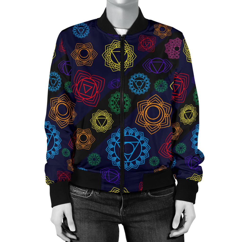 Chakra Colorful Print Pattern Women Casual Bomber Jacket