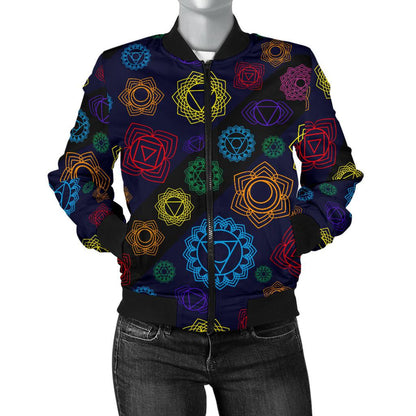 Chakra Colorful Print Pattern Women Casual Bomber Jacket