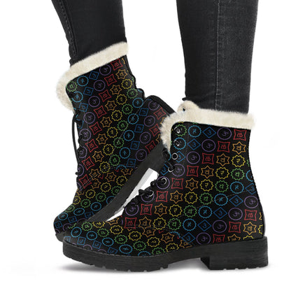 Chakra Colorful Symbol Pattern Faux Fur Leather Boots-JTAMIGO.COM