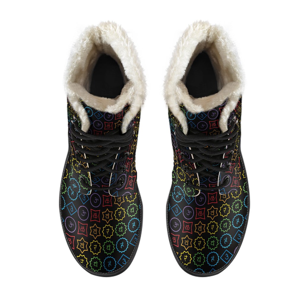 Chakra Colorful Symbol Pattern Faux Fur Leather Boots-JTAMIGO.COM