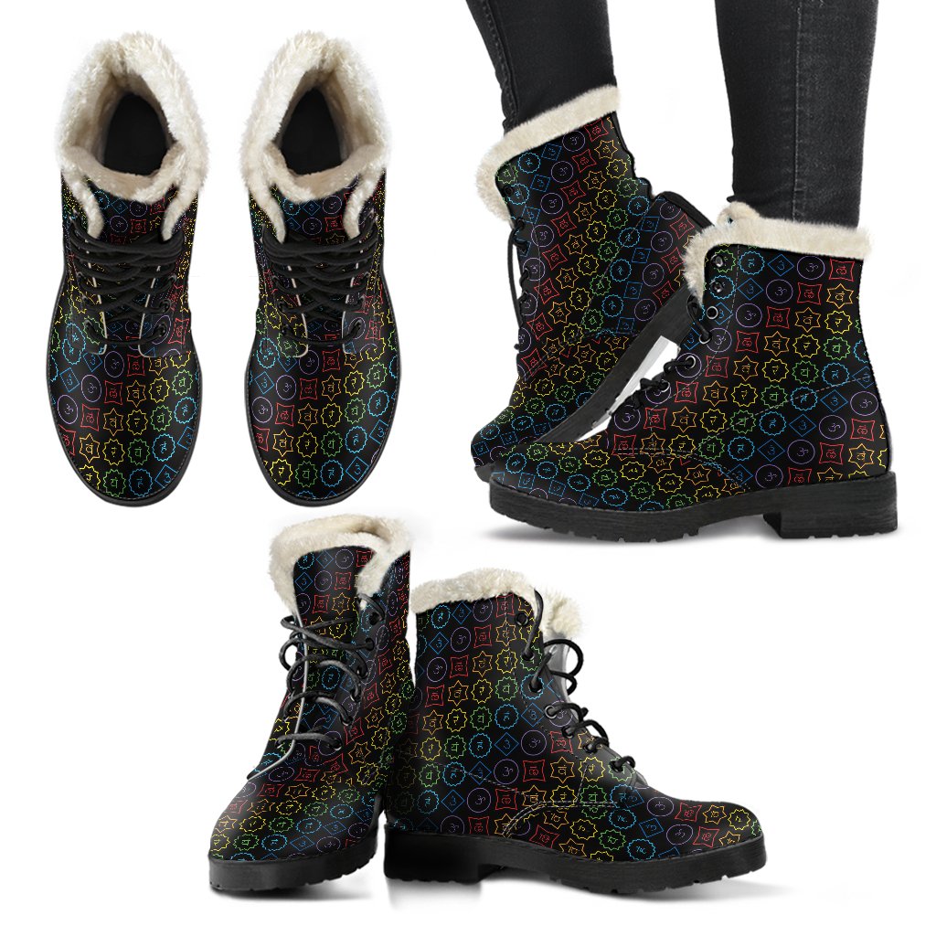 Chakra Colorful Symbol Pattern Faux Fur Leather Boots-JTAMIGO.COM