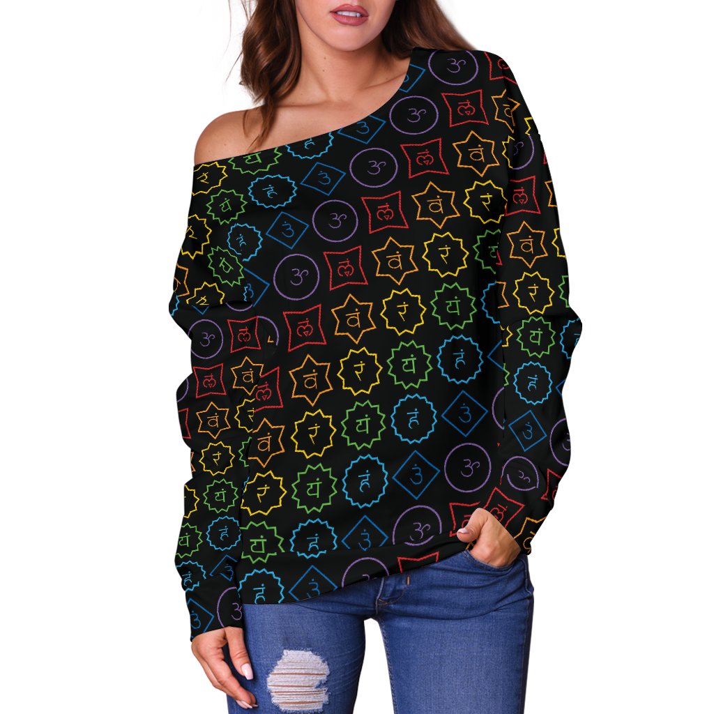 Chakra Colorful Symbol Pattern Off Shoulder Sweatshirt