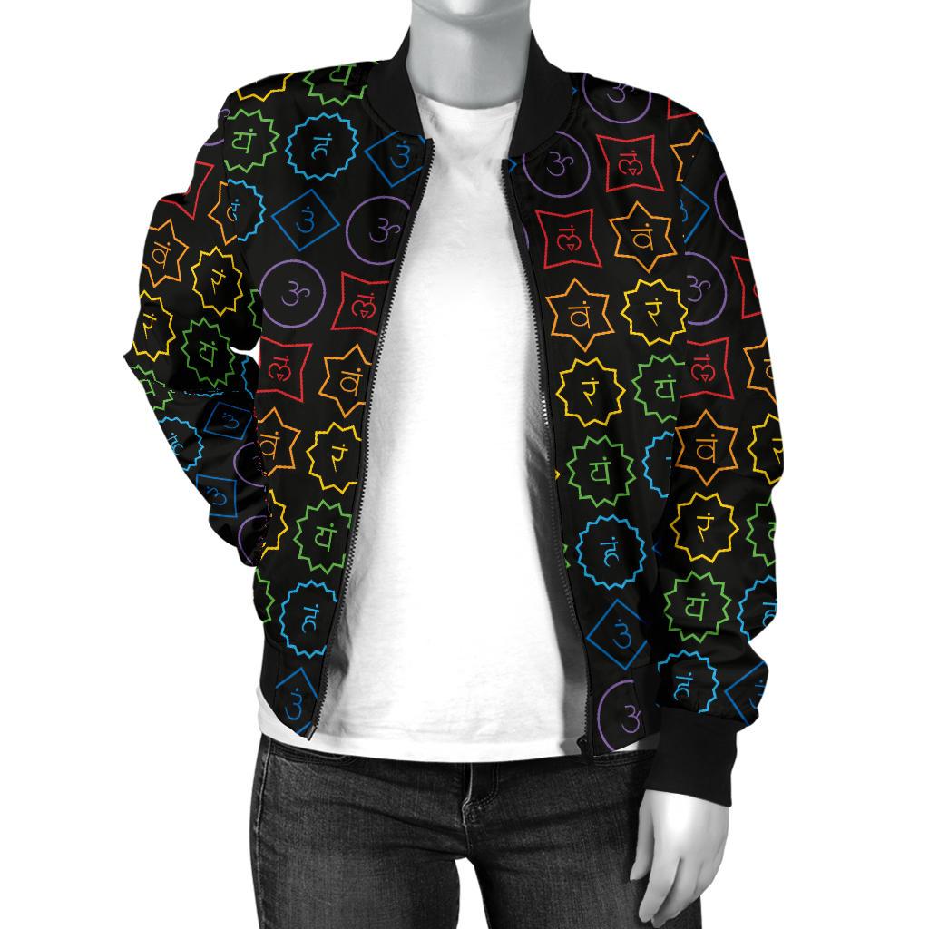 Chakra Colorful Symbol Pattern Women Casual Bomber Jacket