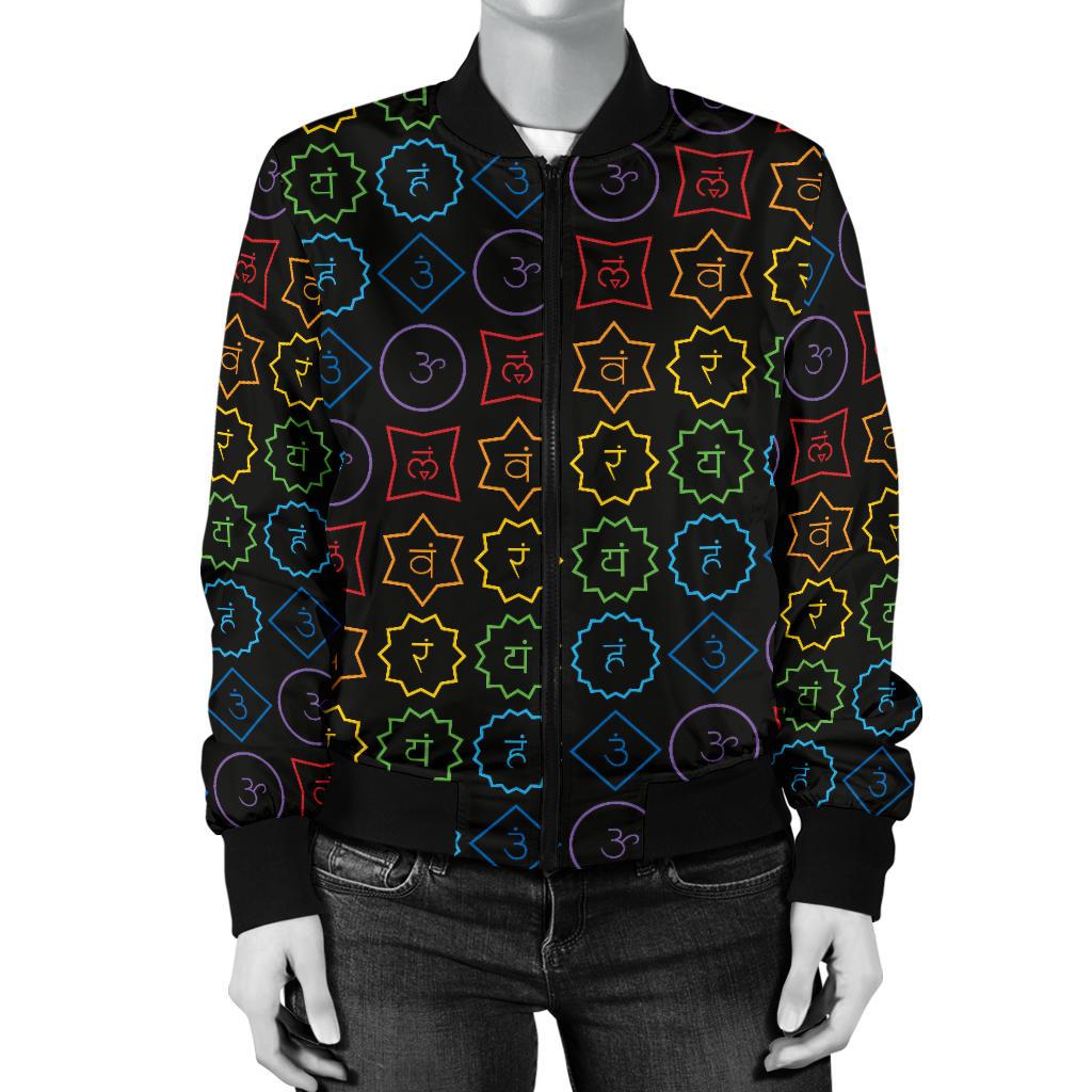 Chakra Colorful Symbol Pattern Women Casual Bomber Jacket