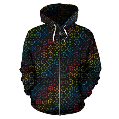 Chakra Colorful Symbol Pattern Zip Up Hoodie