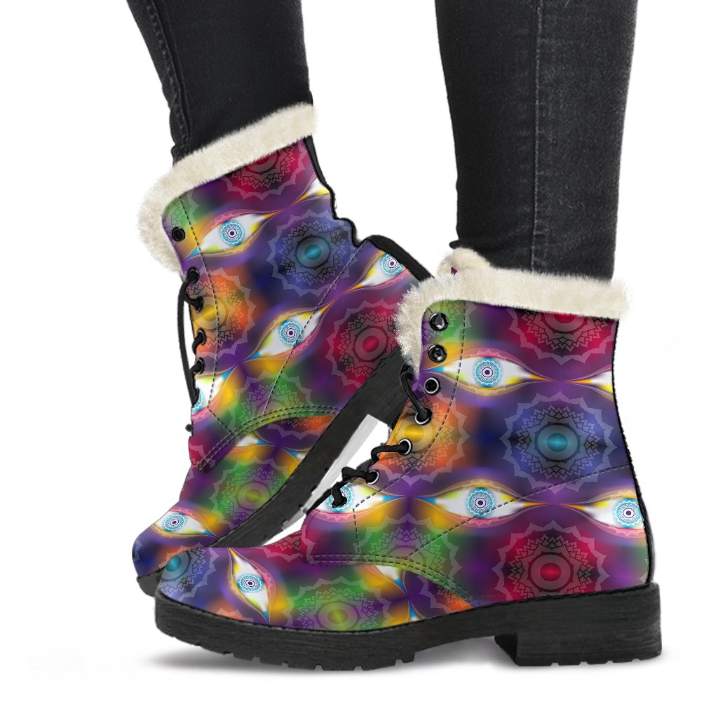 Chakra Eye Print Pattern Faux Fur Leather Boots-JTAMIGO.COM