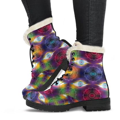 Chakra Eye Print Pattern Faux Fur Leather Boots-JTAMIGO.COM