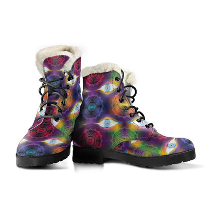Chakra Eye Print Pattern Faux Fur Leather Boots-JTAMIGO.COM