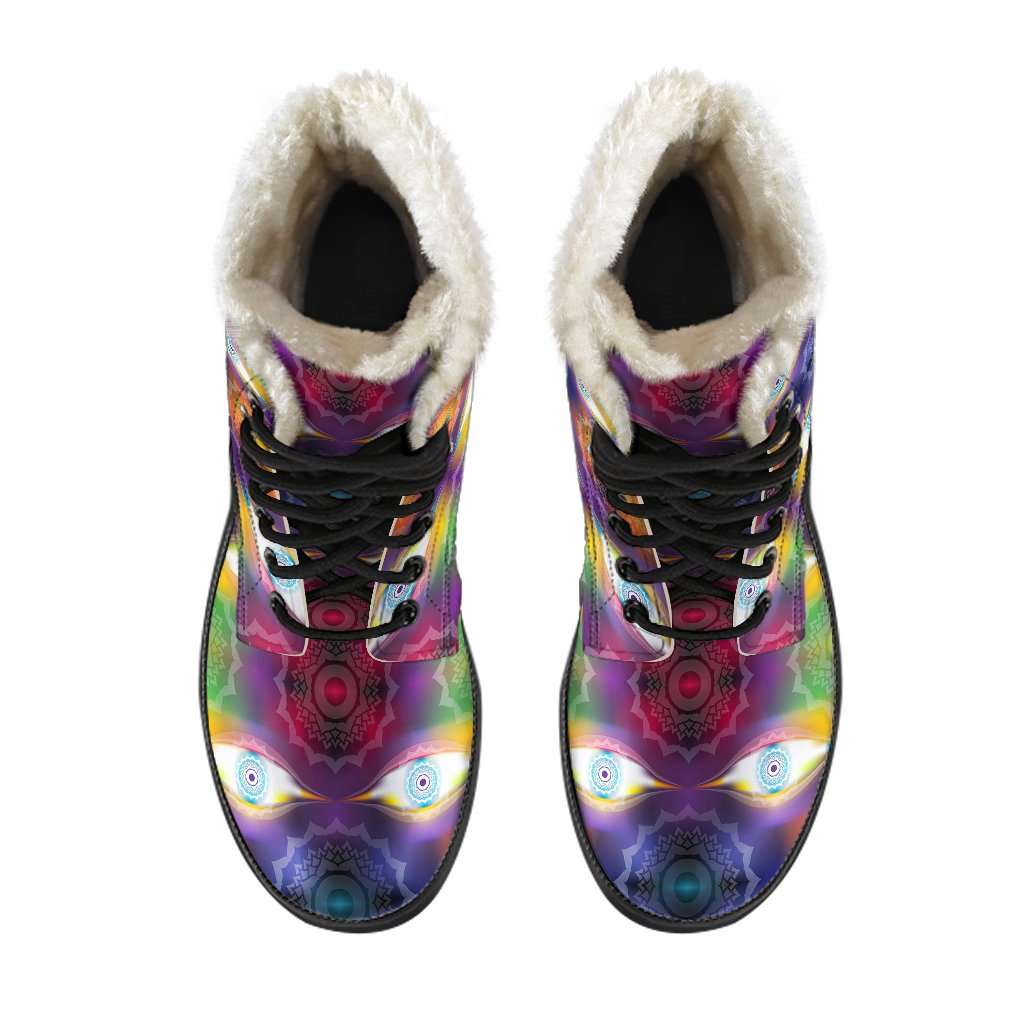 Chakra Eye Print Pattern Faux Fur Leather Boots-JTAMIGO.COM