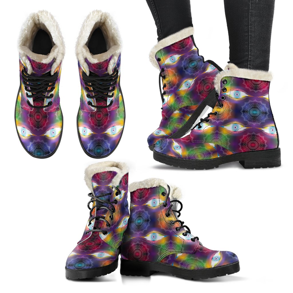 Chakra Eye Print Pattern Faux Fur Leather Boots-JTAMIGO.COM