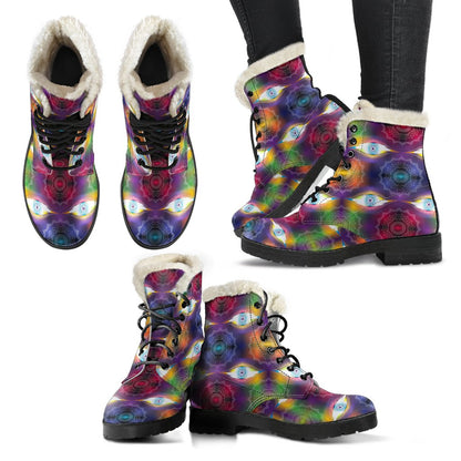 Chakra Eye Print Pattern Faux Fur Leather Boots-JTAMIGO.COM
