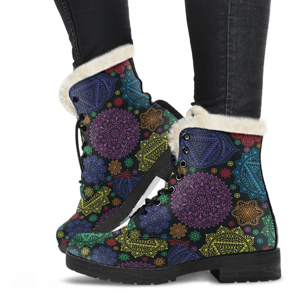 Chakra Mandala Print Pattern Faux Fur Leather Boots-JTAMIGO.COM