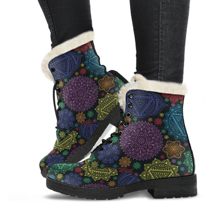 Chakra Mandala Print Pattern Faux Fur Leather Boots-JTAMIGO.COM