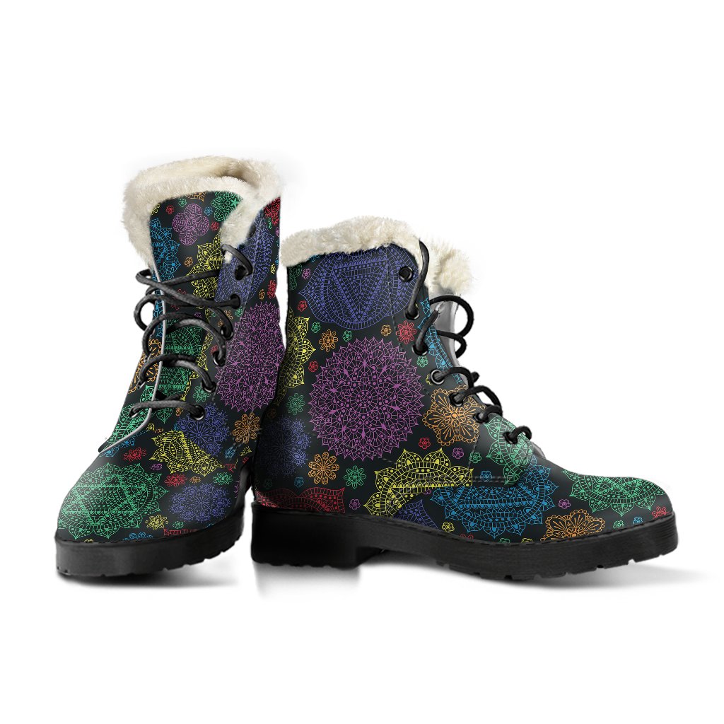 Chakra Mandala Print Pattern Faux Fur Leather Boots-JTAMIGO.COM