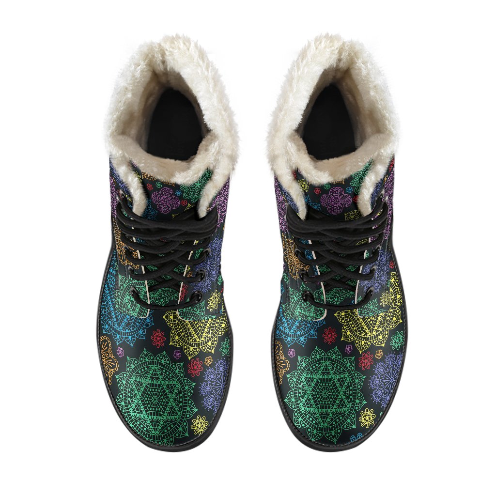 Chakra Mandala Print Pattern Faux Fur Leather Boots-JTAMIGO.COM