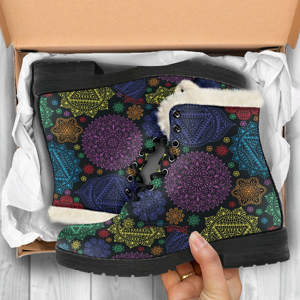 Chakra Mandala Print Pattern Faux Fur Leather Boots-JTAMIGO.COM