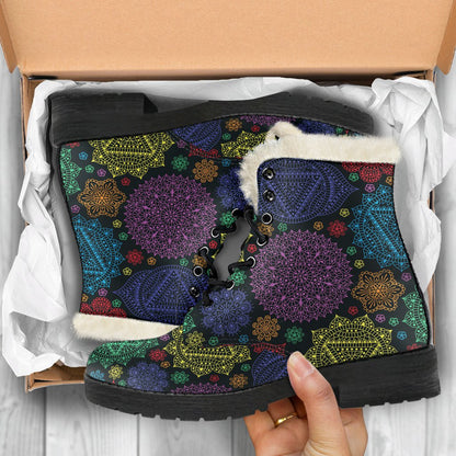 Chakra Mandala Print Pattern Faux Fur Leather Boots-JTAMIGO.COM