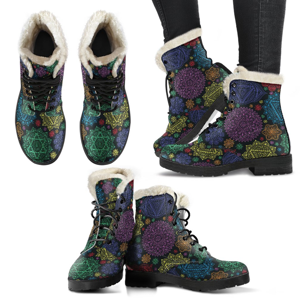 Chakra Mandala Print Pattern Faux Fur Leather Boots-JTAMIGO.COM