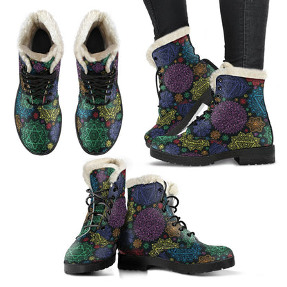 Chakra Mandala Print Pattern Faux Fur Leather Boots-JTAMIGO.COM
