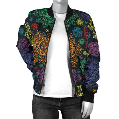 Chakra Mandala Print Pattern Women Casual Bomber Jacket