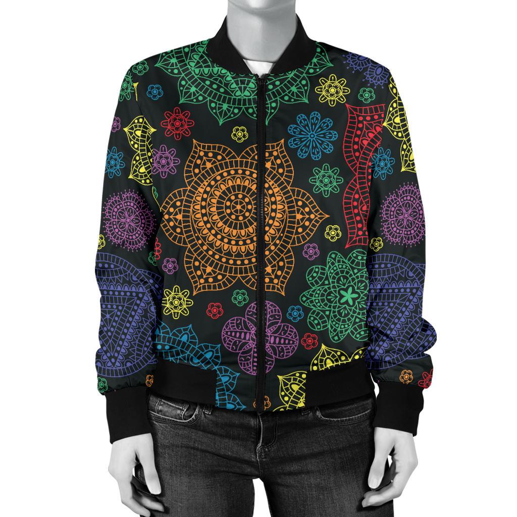 Chakra Mandala Print Pattern Women Casual Bomber Jacket