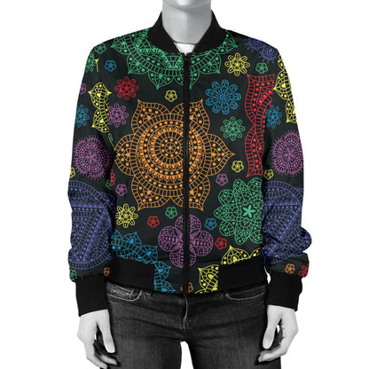 Chakra Mandala Print Pattern Women Casual Bomber Jacket
