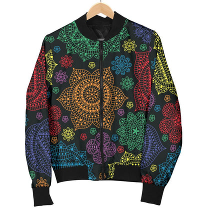 Chakra Mandala Print Pattern Women Casual Bomber Jacket