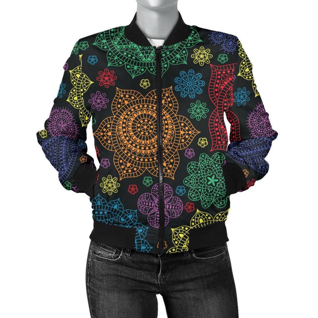 Chakra Mandala Print Pattern Women Casual Bomber Jacket