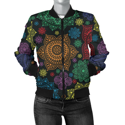 Chakra Mandala Print Pattern Women Casual Bomber Jacket