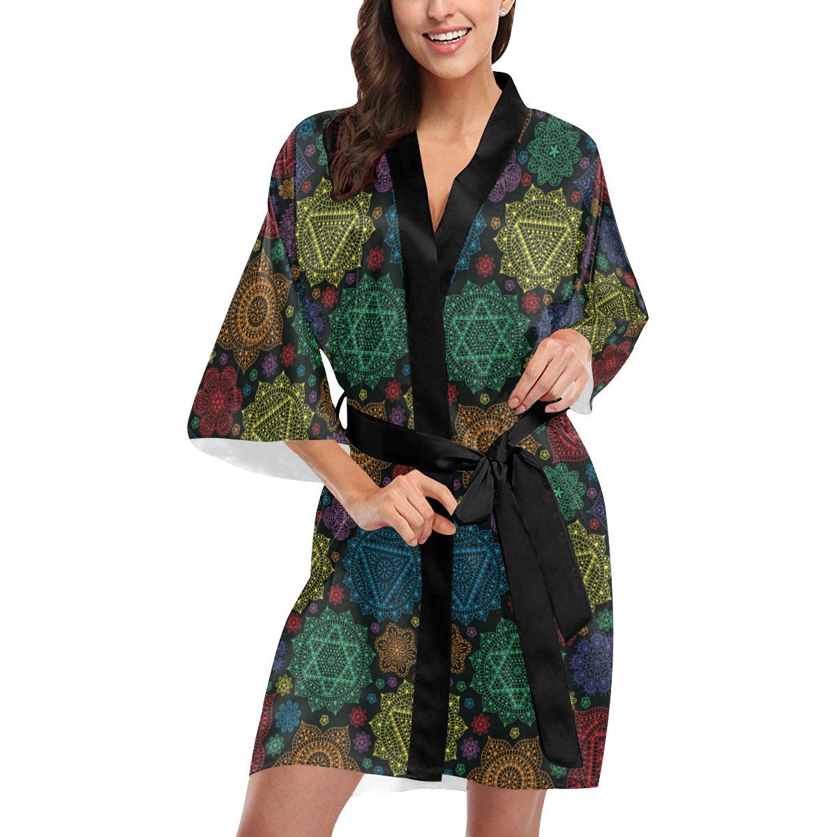 Chakra Mandala Print Pattern Women Short Kimono Robe