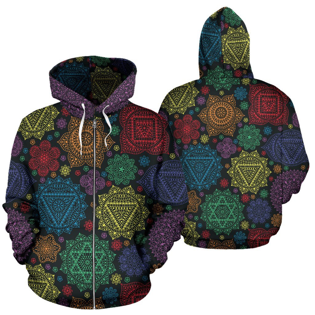 Chakra Mandala Print Pattern Zip Up Hoodie