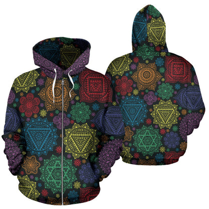 Chakra Mandala Print Pattern Zip Up Hoodie
