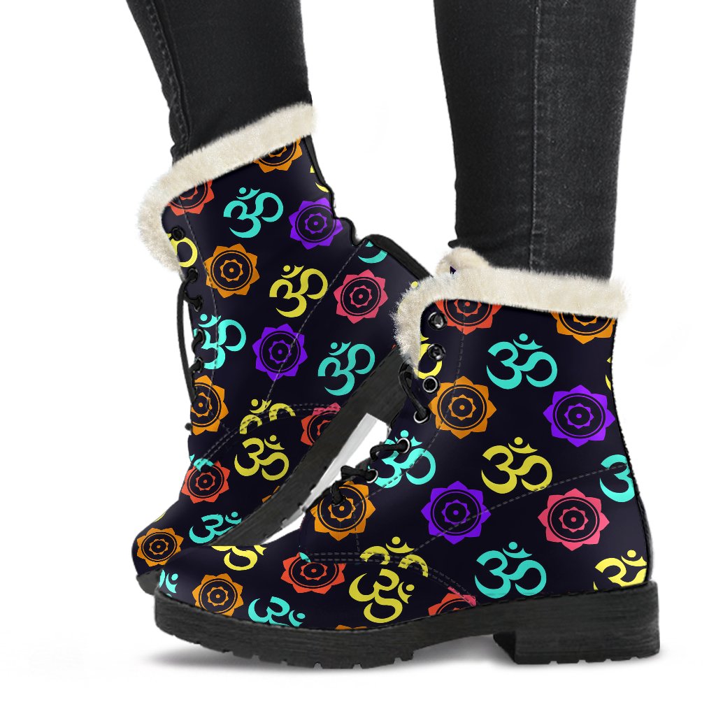 Chakra OM Print Pattern Faux Fur Leather Boots-JTAMIGO.COM