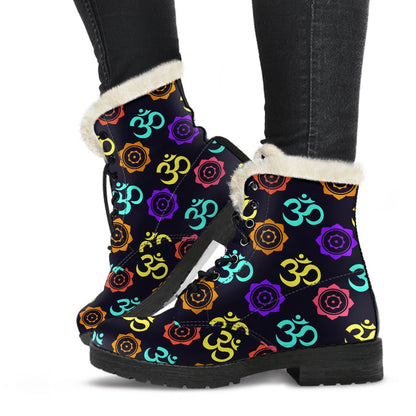 Chakra OM Print Pattern Faux Fur Leather Boots-JTAMIGO.COM