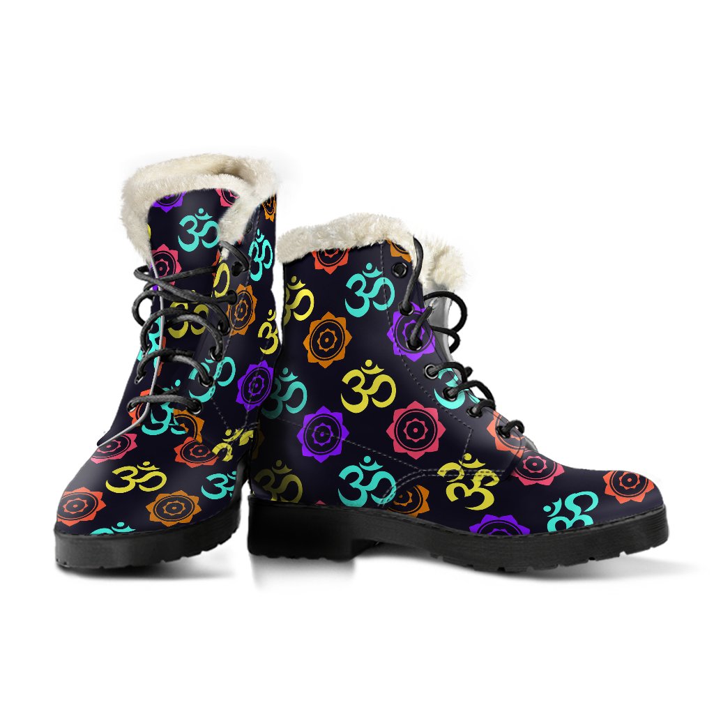 Chakra OM Print Pattern Faux Fur Leather Boots-JTAMIGO.COM