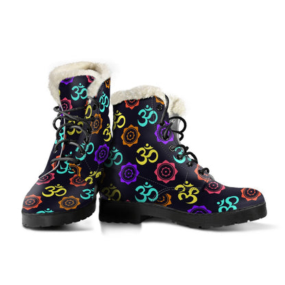 Chakra OM Print Pattern Faux Fur Leather Boots-JTAMIGO.COM