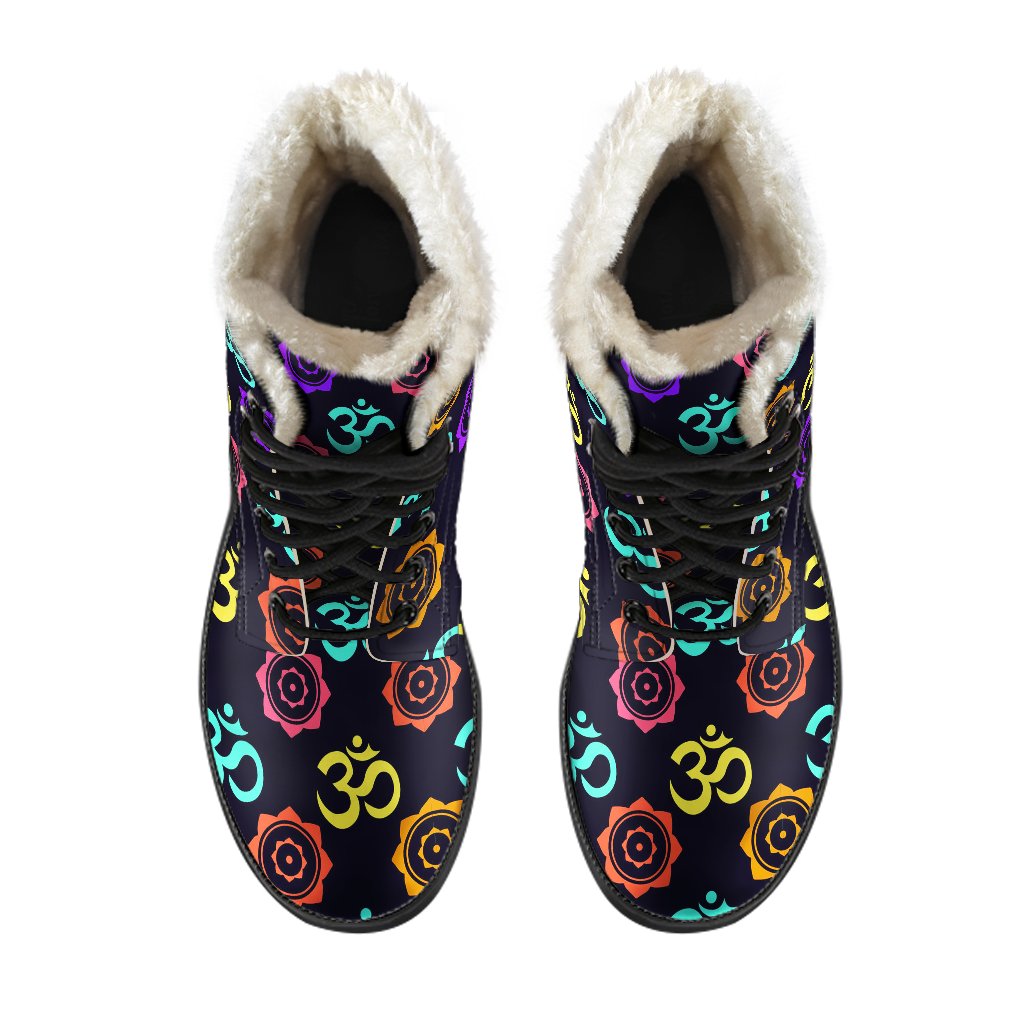 Chakra OM Print Pattern Faux Fur Leather Boots-JTAMIGO.COM