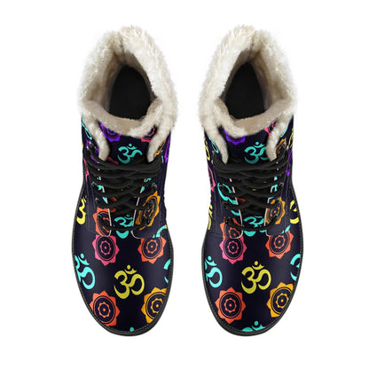 Chakra OM Print Pattern Faux Fur Leather Boots-JTAMIGO.COM