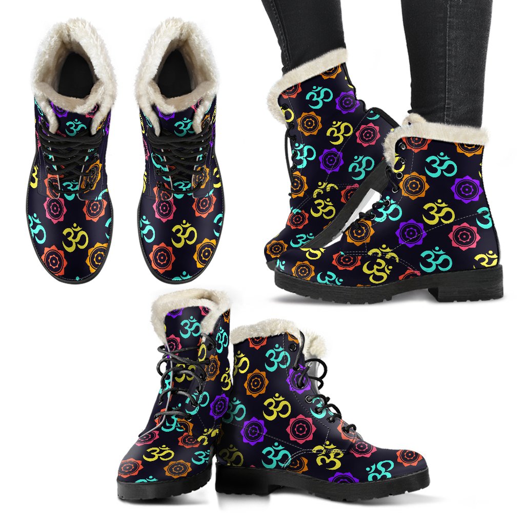 Chakra OM Print Pattern Faux Fur Leather Boots-JTAMIGO.COM