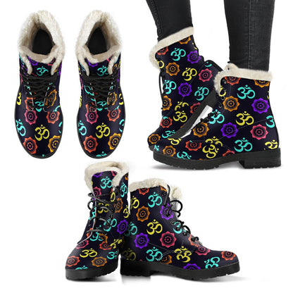 Chakra OM Print Pattern Faux Fur Leather Boots-JTAMIGO.COM