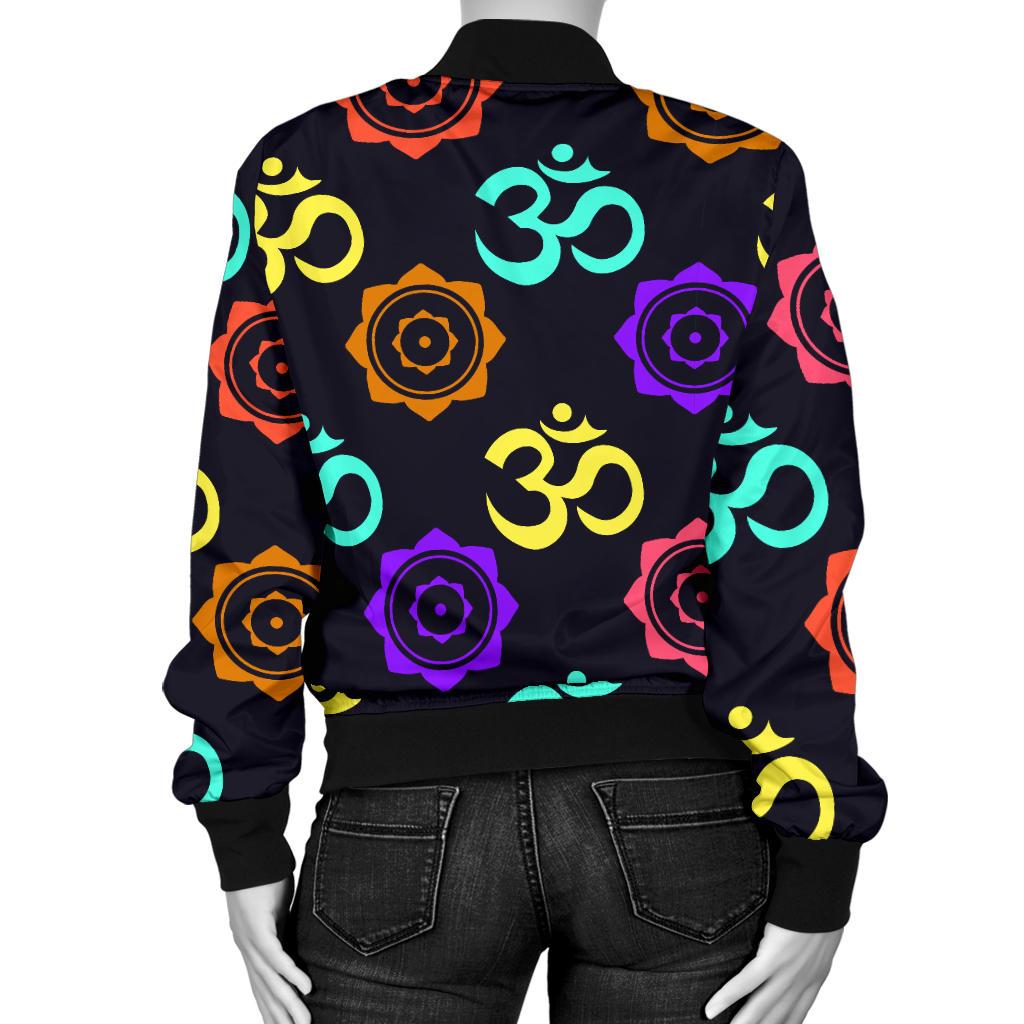 Chakra OM Print Pattern Women Casual Bomber Jacket