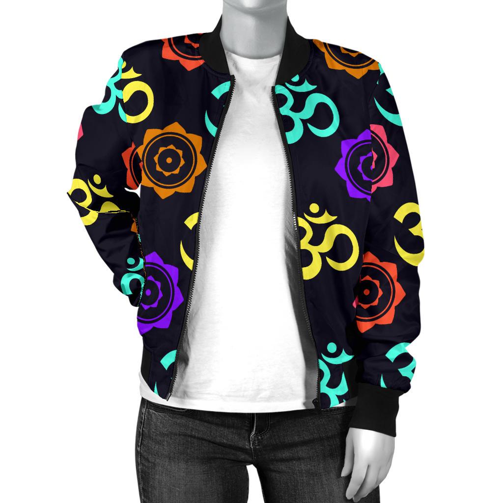 Chakra OM Print Pattern Women Casual Bomber Jacket