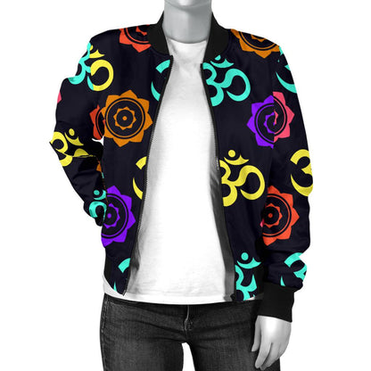 Chakra OM Print Pattern Women Casual Bomber Jacket