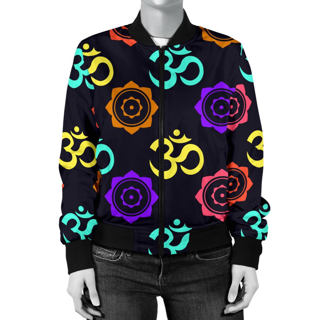 Chakra OM Print Pattern Women Casual Bomber Jacket