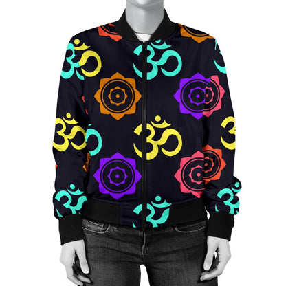 Chakra OM Print Pattern Women Casual Bomber Jacket